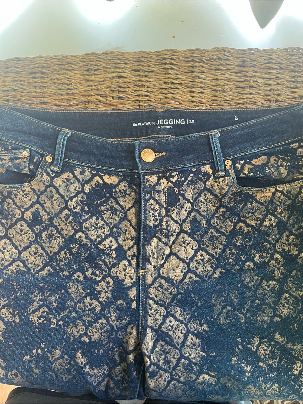 Chico's Navy Skinny Jeans with Metallic Bronze Print